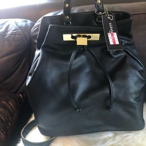 Black faux leather backpack